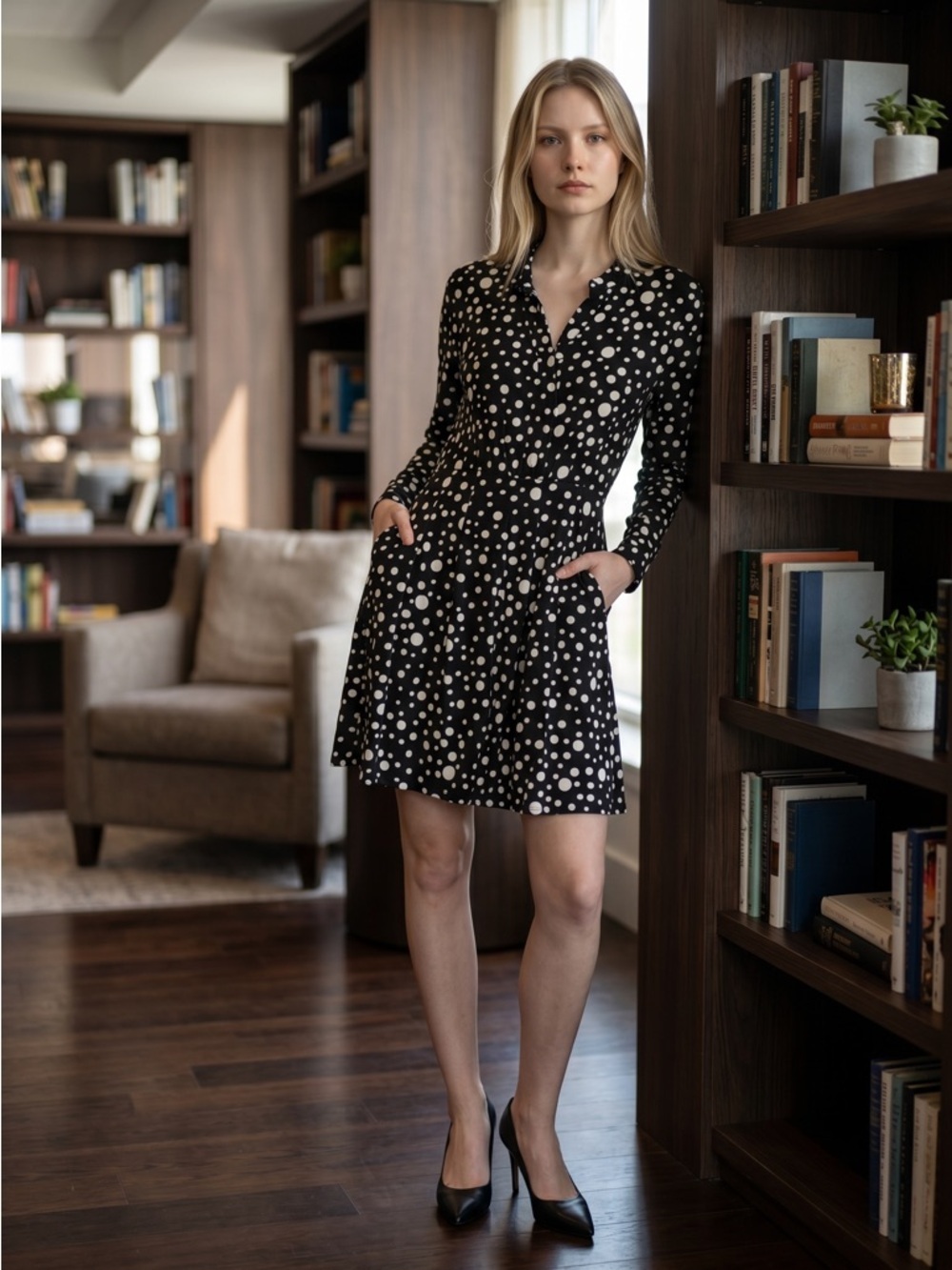white birch Black & White Polka Dot Long-Sleeve Mini Dress